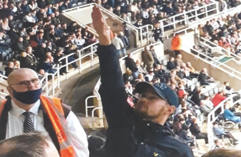  Shay Asher gives a Nazi salute at a soccer match in Newcastle, England, Oct. 2021.  (photo credit: Northumbria Police)
