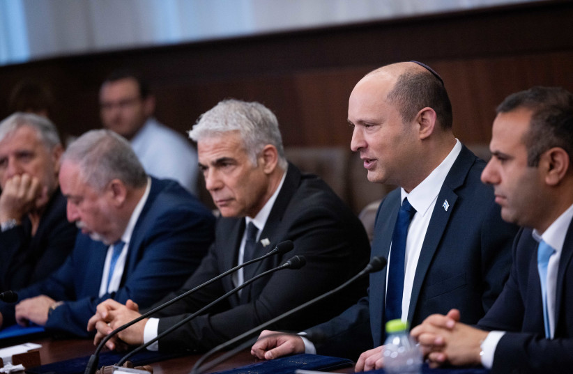  Prime Minister Naftali Bennett, Foreign Minister Yair Lapid and Finance Minister Avigdor Liberman at the cabinet meeting, May 1, 2022.  (credit: YONATAN SINDEL/FLASH90)