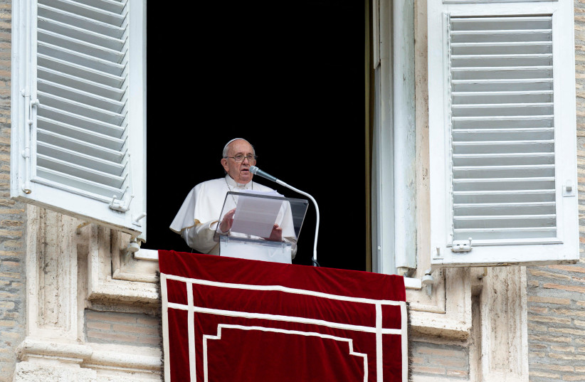  Pope Francis speaks during Regina Caeli prayer, in Saint Peter's Square at the Vatican, May 1, 2022. (photo credit: VATICAN MEDIA/HANDOUT VIA REUTERS)