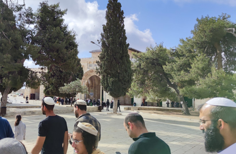  A group of Jewish visitors walk across the Temple Mount, escorted by Israel Police while Palestinians riot in the background. (credit: TZVI JOFFRE)