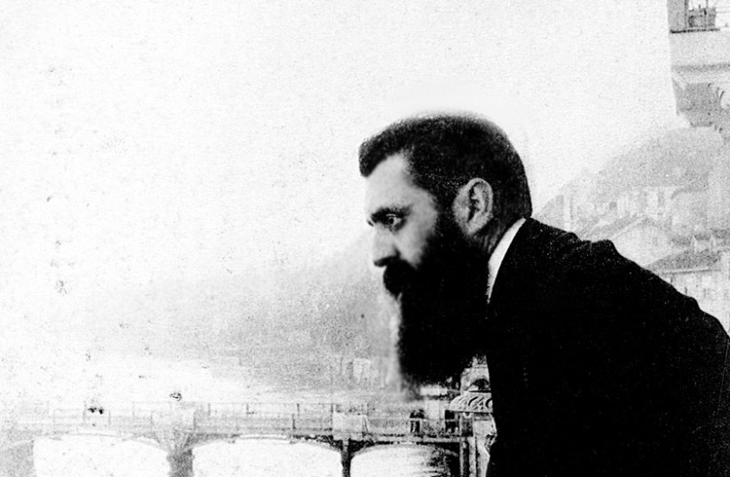  THE ICONIC photo of Zionist visionary Theodor Herzl leaning over a hotel balcony in Basel, Switzerland, during a Zionist Congress, early 1900s.  (photo credit: Wikimedia Commons)