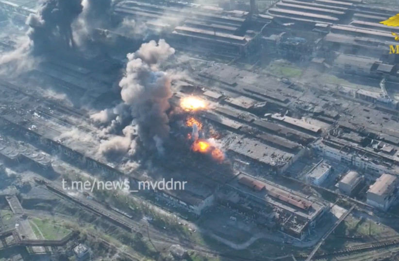  An aerial view of a possible shelling of Azovstal complex, in Mariupol, Ukraine, in this still image from a handout video acquired by Reuters on May 5, 2022.  (credit: MINISTRY OF INTERNAL AFFAIRS DONETSK PEOPLE'S REPUBLIC/HANDOUT VIA REUTERS)