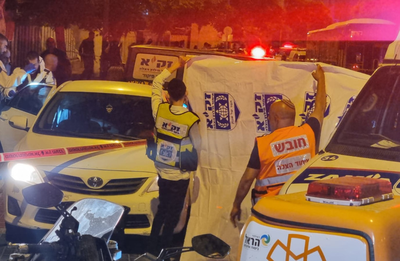  ZAKA and MDA medics at the scene of the terror attack in Elad on Thursday, May 5, 2022.  (photo credit: ISRAEL POLICE)