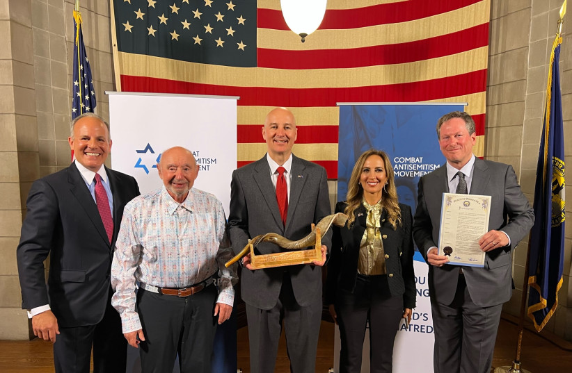  (From Left to Right): Elan Carr, Milton Kleinberg, Governor Pete Ricketts, Ellie Cohanim and Adam Beren (photo credit: COMBAT ANTISEMITISM MOVEMENT)