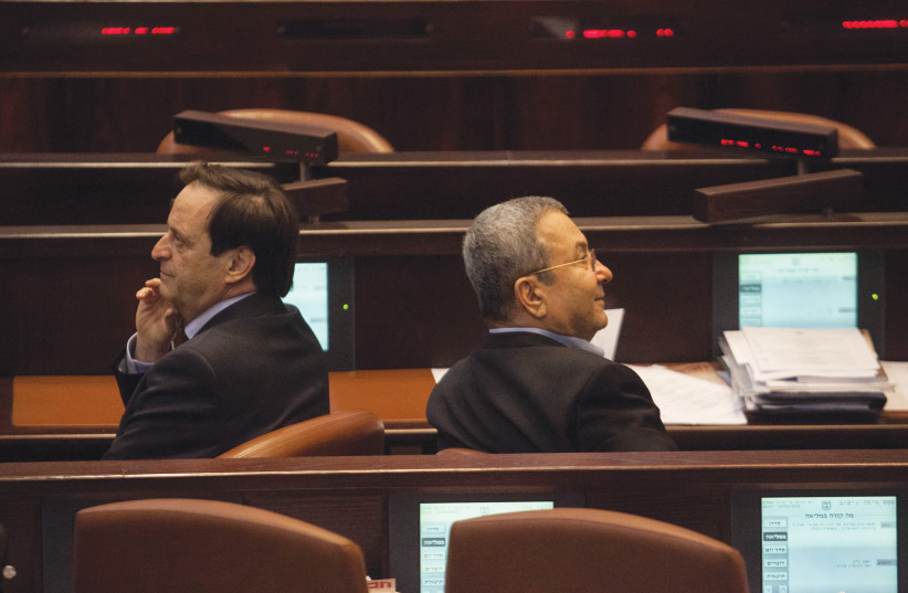  DAN MERIDOR (left) sits in the Knesset plenum when he served as intelligence minister, next to then-defense minister Ehud Barak in 2012.  (photo credit: URI LENZ/FLASH 90)