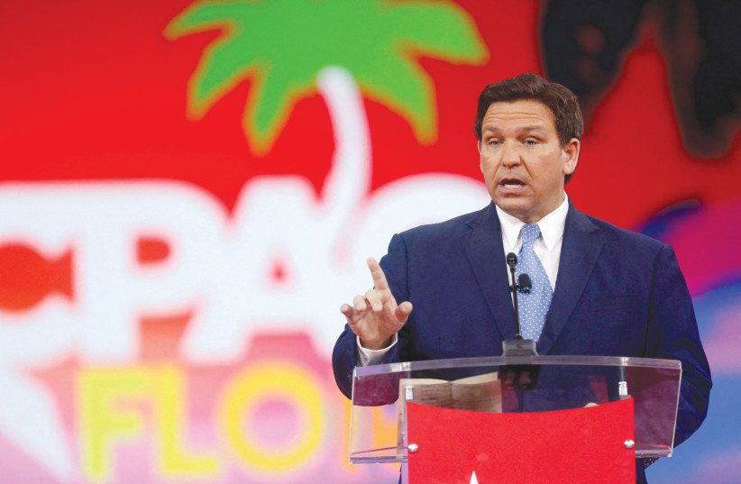  FLORIDA GOVERNOR Ron DeSantis speaks at the Conservative Political Action Conference (CPAC) in Orlando, in February.  (photo credit: OCTAVIO JONES/REUTERS)