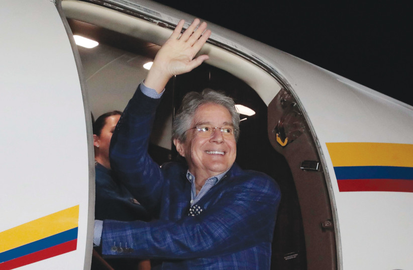  ECUADORIAN PRESIDENT Guillermo Lasso waves from the plane in Quito as he departs for Israel. (photo credit: Eduardo Santillan Trujillo)