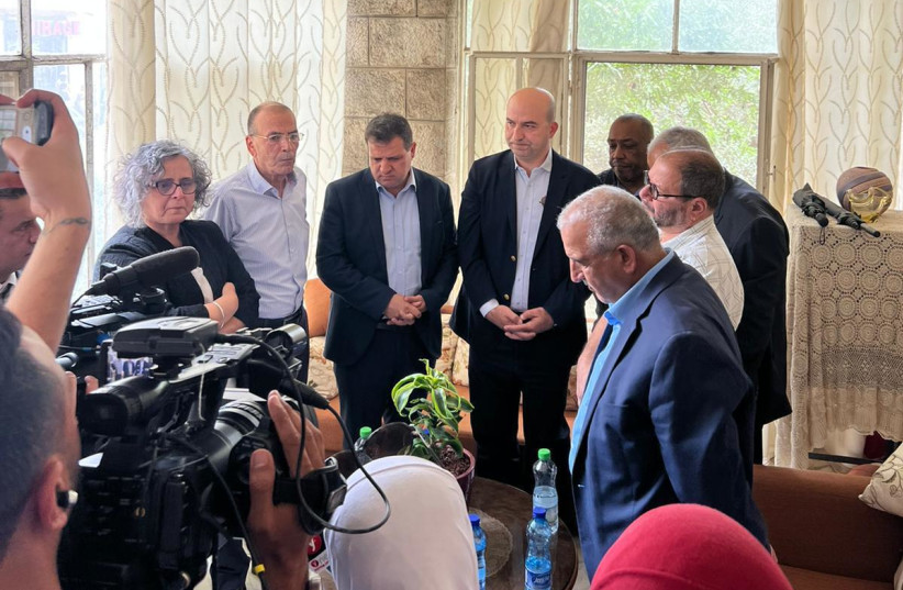  Joint LIst MKs Ayman Odeh, Aida Touma-Sliman and Ofer Cassif visit the family of killed journalist  Shireen Abu Akleh on May 11, 2022.  (credit: JOINT LIST SPOKESPERSON'S OFFICE)