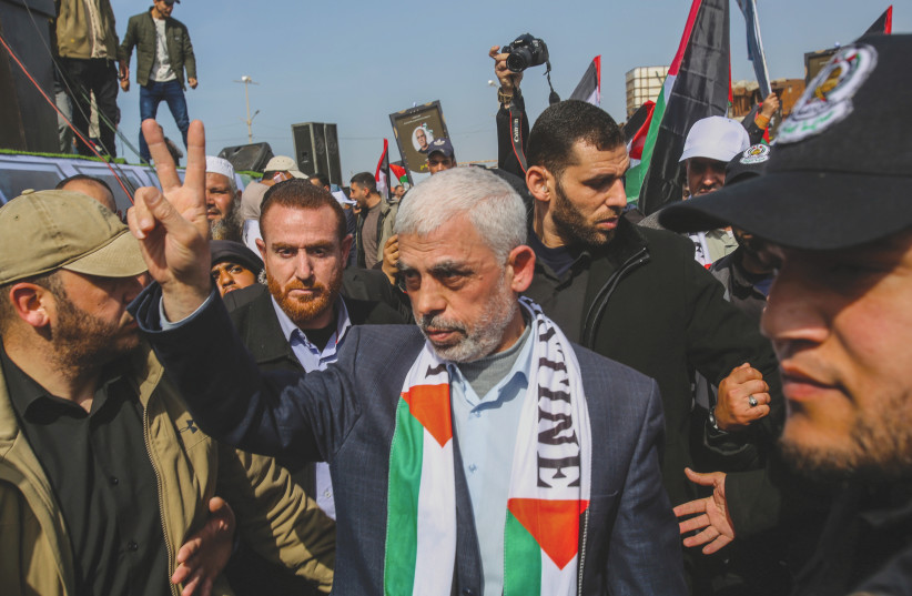  HAMAS-GAZA leader Yahya Sinwar attends a rally in Gaza City, in March. (photo credit: ATTIA MUHAMMED/FLASH90)