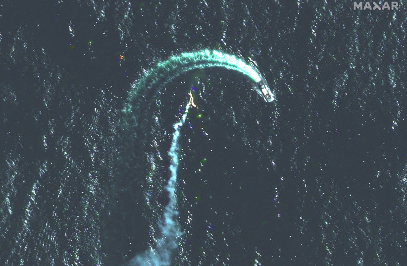  A satellite image shows a Serna-class landing craft and possible missile contrail near Snake Island, Ukraine May 12, 2022. Picture taken May 12, 2022. (credit: Satellite image 2022 Maxar Technologies/Handout via REUTERS)