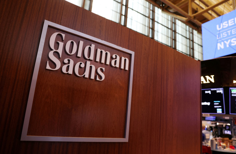  The logo for Goldman Sachs is seen on the trading floor at the New York Stock Exchange (NYSE) in New York City, New York, US, November 17, 2021. (photo credit: REUTERS/ANDREW KELLY/FILE PHOTO)