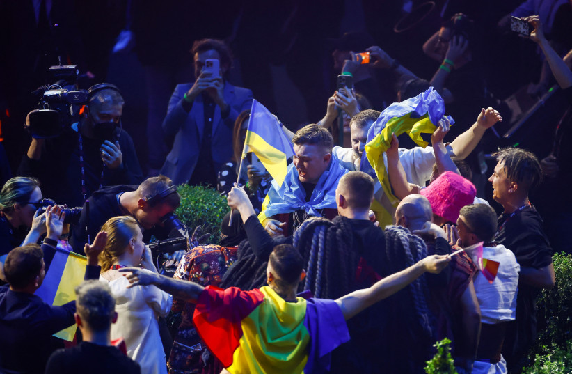  Kalush Orchestra from Ukraine react after winning the 2022 Eurovision Song Contest in Turin, Italy, May 15, 2022. (credit: Yara Nardi/Reuters)