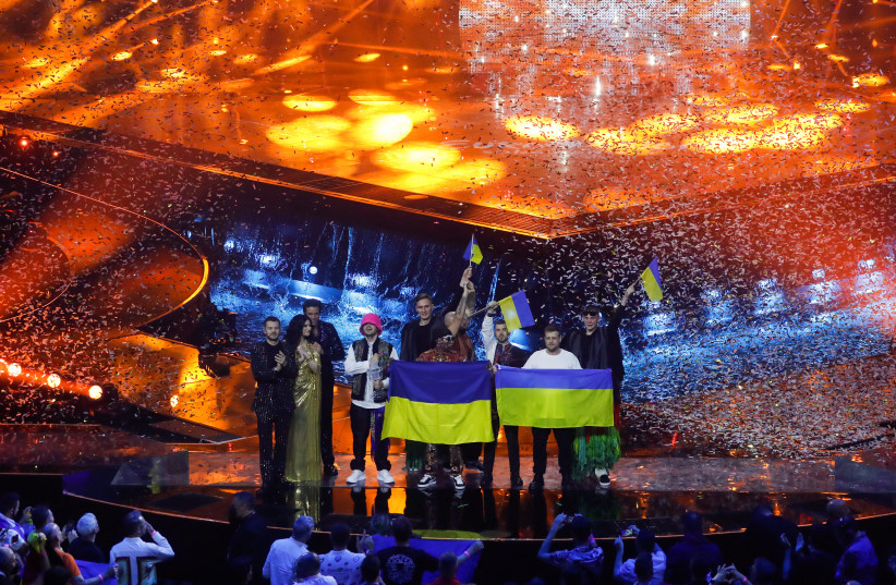  Kalush Orchestra from Ukraine appear on stage after winning the 2022 Eurovision Song Contest in Turin, Italy, May 15, 2022. (photo credit: Yara Nardi/Reuters)