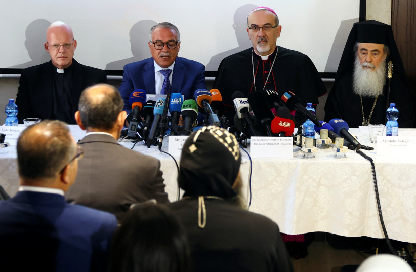  Spiritual leaders attend a news conference regarding the funeral of Al Jazeera reporter Shireen Abu Akleh, who was killed during an Israeli raid in Jenin in the West Bank, in Jerusalem, May 16, 2022. (photo credit: RONEN ZVULUN/REUTERS)