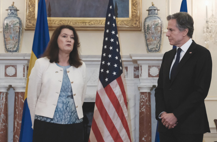  US SECRETARY OF STATE Antony Blinken meets with Sweden’s Foreign Minister Ann Linde at the State Department earlier this month. According to ‘The Guardian,’ Linde said her country had received assurances from the US that it would receive support during this period. (photo credit: MICHAEL A. MCCOY/REUTERS)