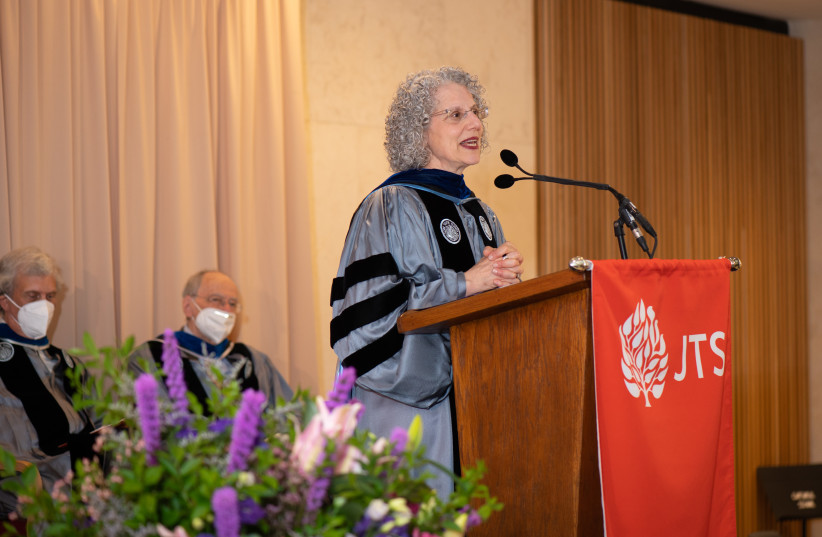  Dr. Shuly Rubin Schwartz delivers her inaugural address as the chancellor of the Jewish Theological Seminary at the institution's Manhattan campus, May 17, 2022. (photo credit: ELLEN DUBIN PHOTOGRAPHY)
