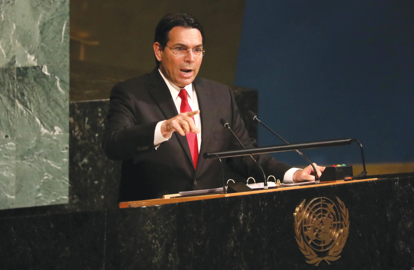  ISRAEL’S UN AMBASSADOR Danny Danon addresses the UN General Assembly, in New York, 2018. (credit: Mike Segar/Reuters)
