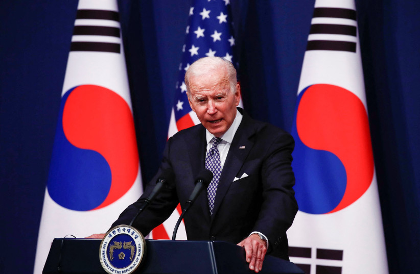  US President Joe Biden speaks during a joint news conference with South Korean President Yoon Suk-yeol at the Presidential office in Seoul, South Korea, May 21, 2022. (photo credit: JEON HEON-KYUN/POOL VIA REUTERS)