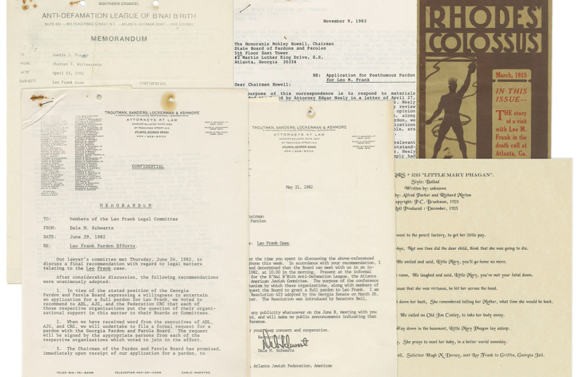 The collection includes: a "Souvenir postcard" with photo showing Frank's hanged body shortly after the lynching, a booklet issued by the Rhodes' Colossus factory of Atlanta in support of Leo Frank, 20 copies of letters and memoranda pertaining to efforts to clear Frank's name and more. (photo credit: KEDEM AUCTION HOUSE)