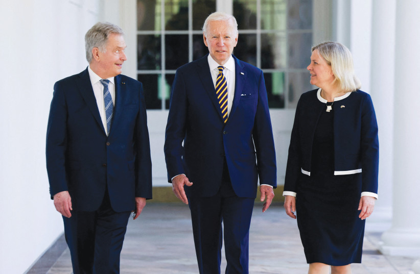  US PRESIDENT Joe Biden, Sweden’s Prime Minister Magdalena Andersson and Finland’s President Sauli Niinisto walk to the Oval Office at the White House, last week. (photo credit: EVELYN HOCKSTEIN/REUTERS)