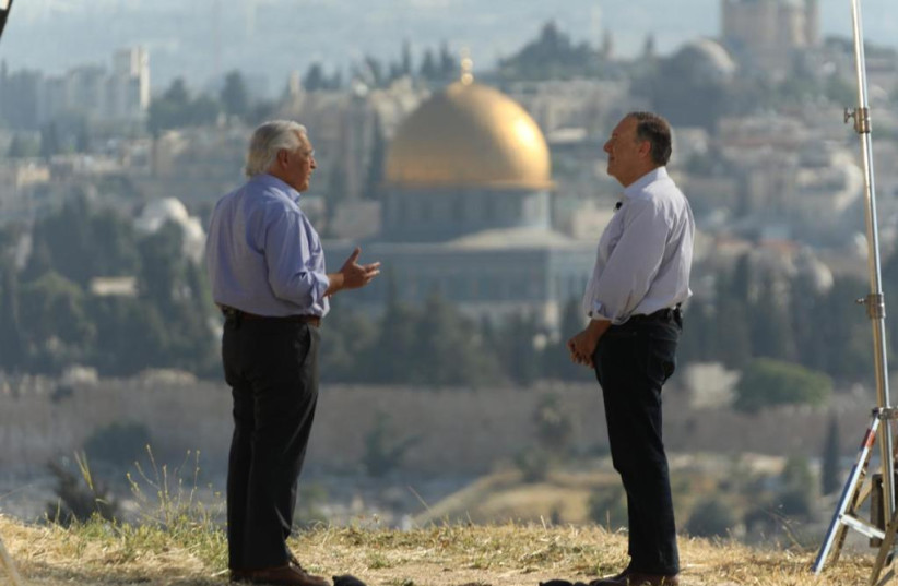  Former US ambassador to Israel David Friedman and former US secretary of state Mike Pompeo shoot a section of their new film in Jerusalem. (photo credit: Caylan Crouch, TBN)