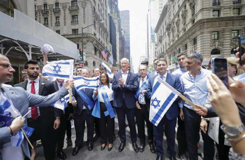  DEFENSE MINISTER Benny Gantz (center), flanked by Aliyah and Integration Minister Pnina Tamano-Shata and Diaspora Affairs Minister Nachman Shai, march in the pro-Israel parade in New York. (credit: Shulamit Seidler Feller/UJA Federation of New York)