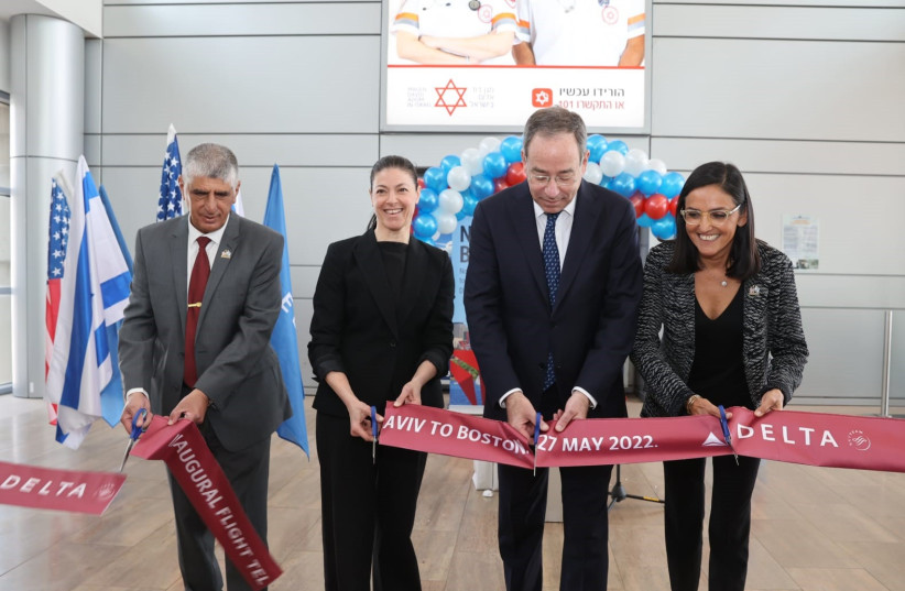 Transportation Minister Merav Michaeli and US Ambassador Michael Herzog attend the ribbon-cutting ceremony for Delta Airlines' new Tel Aviv-Boston route. (photo credit: ITZIK BIRAN)