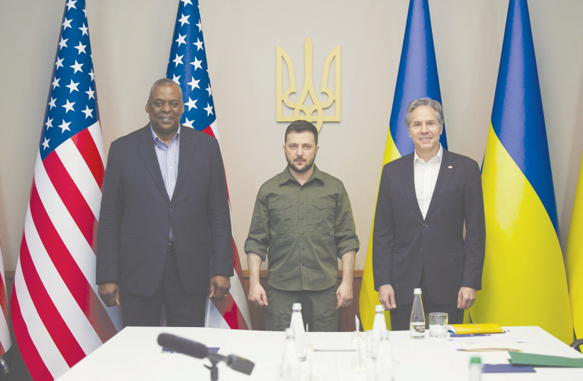  UKRAINE’S PRESIDENT Volodymyr Zelensky is flanked by US Secretary of State Antony Blinken and US Defense Secretary Lloyd Austin before a meeting in Kyiv, in April. The assumption that the war is between Russia and Ukraine no longer holds – it is gradually turning into a Russia-West war.  (credit: UKRAINIAN PRESIDENTIAL PRESS SERVICE/REUTERS)