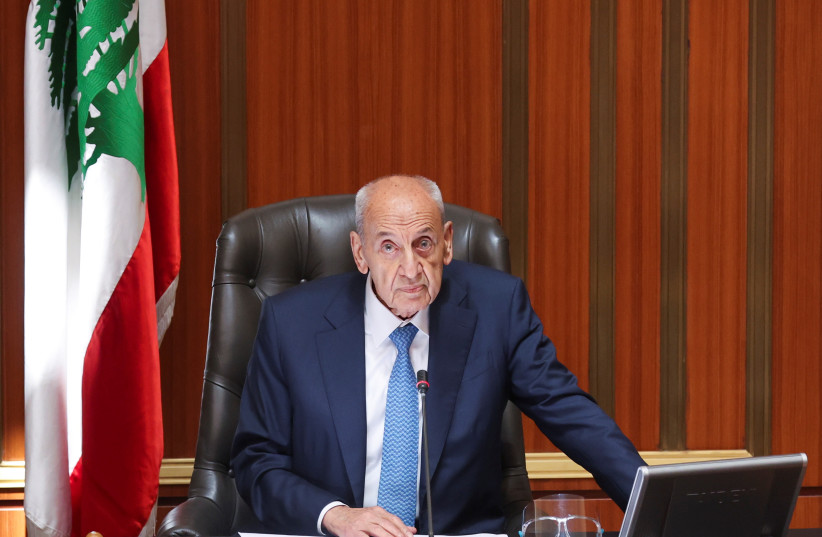 Re-elected Lebanon's parliamentary speaker, Nabih Berri is pictured as Lebanon's newly elected parliament convenes for the first time to elect a speaker and deputy speaker in Beirut, Lebanon May 31, 2022. (photo credit: REUTERS/MOHAMED AZAKIR)