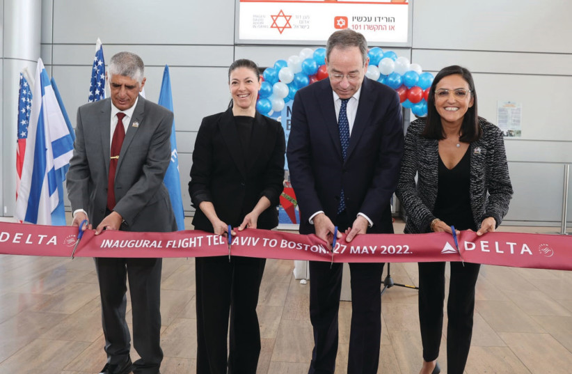  FROM LEFT: Shmuel Zakai, director, Ben-Gurion Airport, Transportation Minister Merav Michaeli, US Ambassador Tom Nides and Esty Herskowicz, Israel manager, Delta Airlines, at the ribbon-cutting ceremony for the inauguration of Delta’s Tel Aviv-Boston route. (photo credit: ITZIK BIRAN)