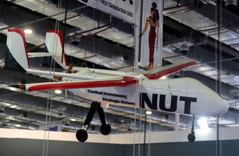 A drone is displayed at the Egyptian stand at Egypt Defence Expo (EDEX), showcasing military systems and hardware, in Cairo, Egypt, November 30, 2021. (photo credit: MOHAMED ABD EL GHANY/REUTERS)