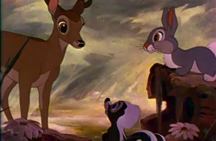  Screenshot of Bambi, Thumper and Flower from the January 1942 theatrical trailer for the film 'Bambi.' (photo credit: BAMBI/WIKIPEDIA)
