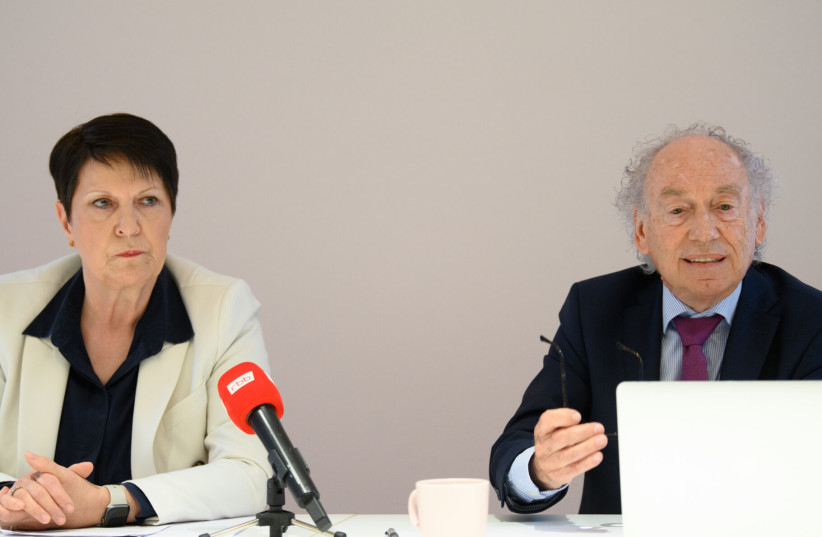  Attorney Gabriele Thöne, interim director of the Abraham Geiger College and former state secretary, and attorney Micha Guttmann, photographed during a press conference about allegations of sexual harassment against the director of the college, in Potsdam, Germany, June 1, 2022. (photo credit: Soeren Stache/picture alliance via Getty Images)