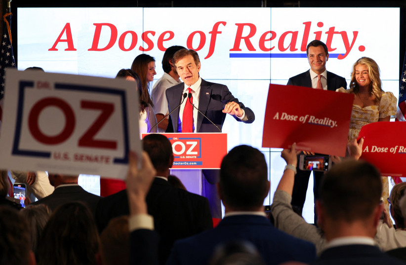 Pennsylvania Republican US Senate candidate Dr. Mehmet Oz speaks at his primary election night watch party in Newtown, Pennsylvania, US, May 17, 2022. (credit: REUTERS/HANNAH BEIER)
