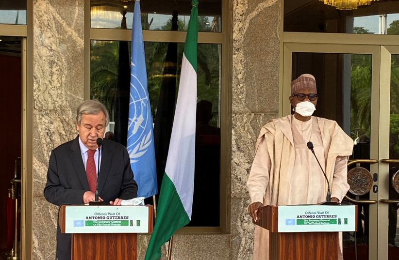  Nigerian President Muhammadu Buhari and UN Secretary General Antonio Guterres address a news conference in Abuja, Nigeria May 4, 2022. (credit: REUTERS/ABRAHAM ACHIRGA)