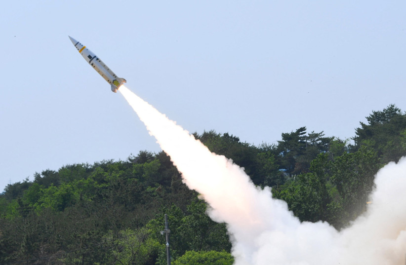 A surface-to-surface missile is launched during a joint live-firing exercise between US and South Korea in unidentified location, South Korea, May 25, 2022. (photo credit: JOINT CHIEFS OF STAFF/YONHAP VIA REUTERS)