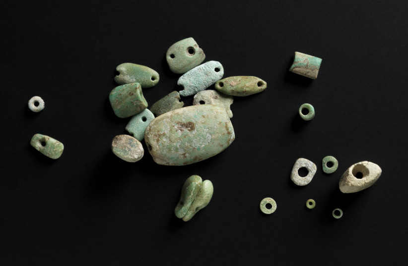  Greenstone beads Various sites, Natufian, Sultanian, and Khiamian cultures, ca. 13,000–10,000 years ago Collection of Israel Antiquities Authority and Staff Officer for Archaeology – Civil Administration of Judea and Samaria. (credit: ELIE POSNER)