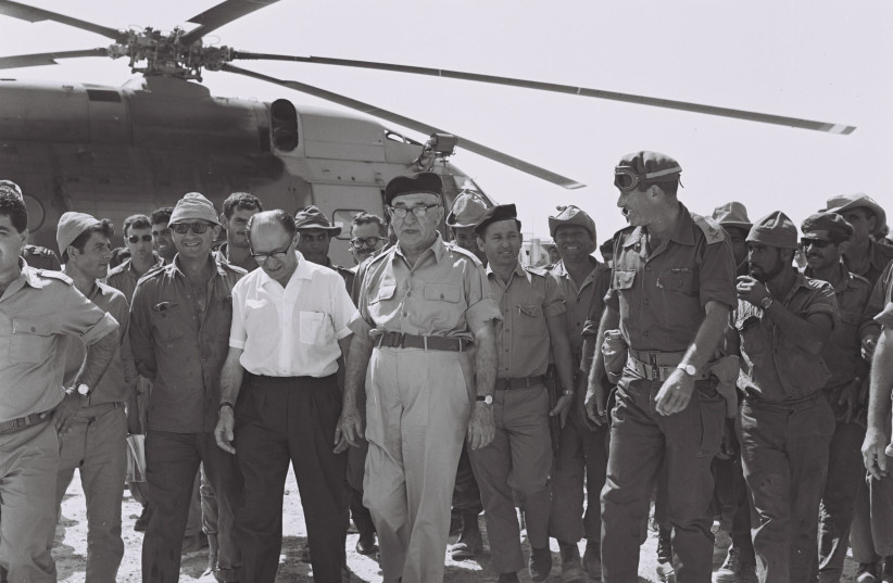 THEN-PRIME MINISTER Levi Eshkol (C), minister Menachem Begin (L) and Gen. Yeshayahu Gavish (R) visit reserve units in Sinai, June 13, 1967. (photo credit: Moshe Milner/GPO)