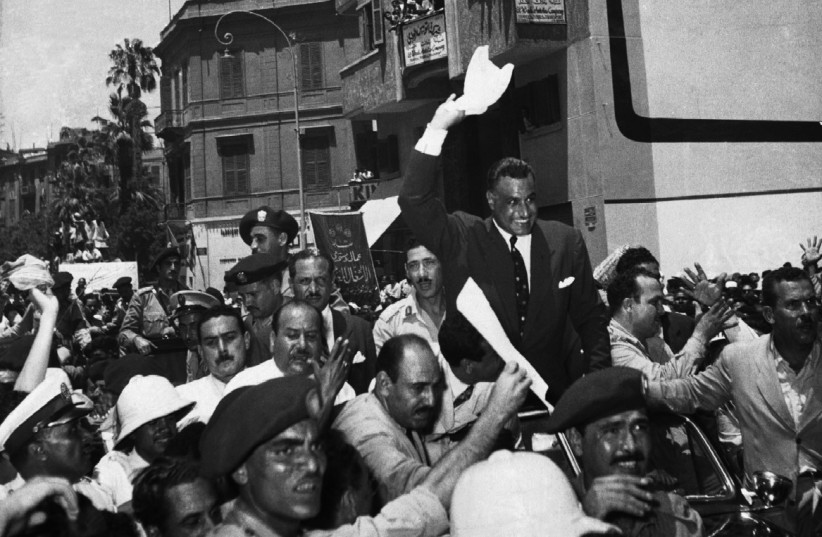  SHOCKING DEFEAT to come: Egyptian prime minister Gamal Abdel Nasser is cheered in Cairo after announcing nationalization of the Suez Canal Company, 1956.  (credit: Wikimedia Commons)