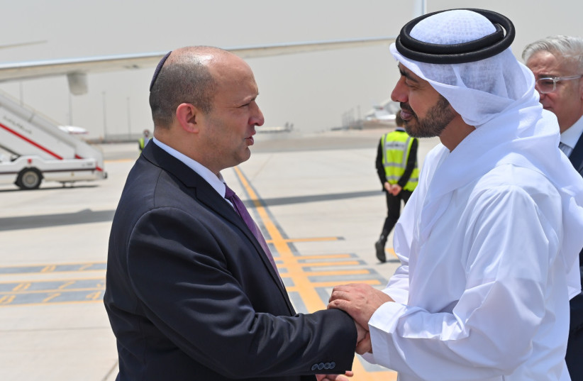  Prime Minister Naftali Bennett meeting with UAE Foreign Minister Sheikh Abdullah bin Zayed bin Sultan Al Nahyan, June 9, 2022.  (photo credit: KOBI GIDEON/GPO)