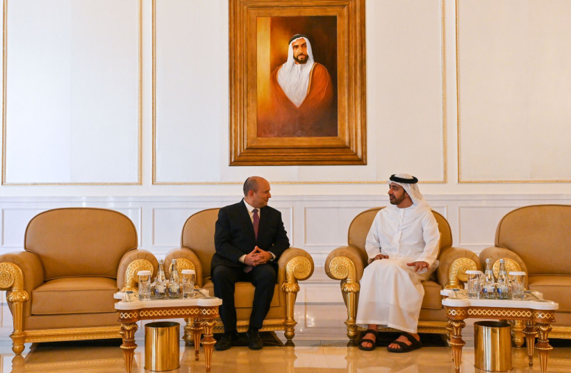   Prime Minister Naftali Bennett meeting with UAE Foreign Minister Sheikh Abdullah bin Zayed bin Sultan Al Nahyan, June 9, 2022.  (credit: KOBI GIDEON/GPO)