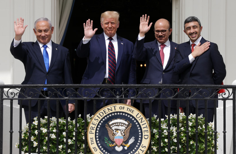  FROM L: Prime minister Benjamin Netanyahu, US president Donald Trump, Bahraini Foreign Affairs Minister Abdullatif bin Rashid Al Zayani and UAE Foreign Affairs Minister Abdullah bin Zayed bin Sultan Al Nahyan wave after the Abraham Accords signing ceremony, at the White House, September 15, 2020. (photo credit: Alex Wong/Getty Images)