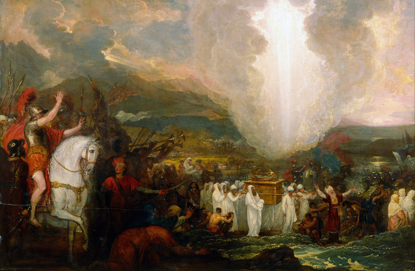  ‘JOSHUA PASSING the River Jordan with the Ark of the Covenant,’ by Benjamin West, 1800.  (photo credit: Wikimedia Commons)