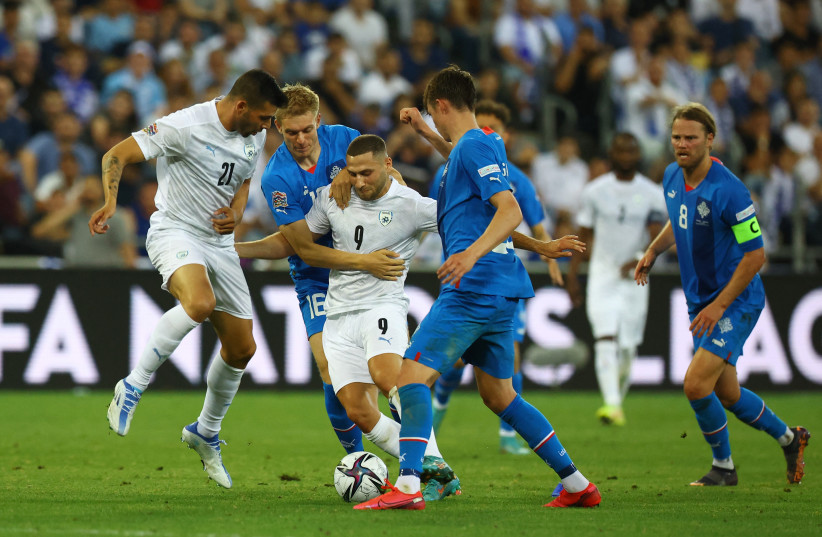  AFTER AN end-to-end 2-2 draw with Iceland this week in UEFA Nations League play, Shon Weissman (9) and the Israel National Team visits Albania tonight. (photo credit: RONEN ZVULUN/REUTERS)
