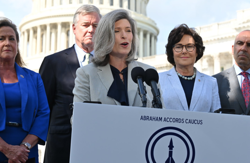  Left to right: Rep, Ann Wagner, a Missouri Republican; Rep David Trone, a Maryland Democrat; Sen. Joni Ernst, an Iowa Reoublican; Sen. Jacky Rosen, a Nevada Democrat; and Rep. Jimmy Panetta, a California Democrat, at a press conference at the Capitol, June 9, 2022.  (photo credit: Office of Sen. Joni Ernst)