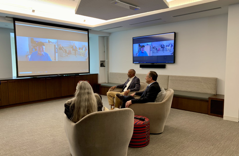  Dr. Kori Street, Dough Emhoff, and Pedro Noguera, dean of the USC Rossier School of Education, speak to Pinchas Gutter via Zoom. (credit: JACOB GURVIS/JTA)