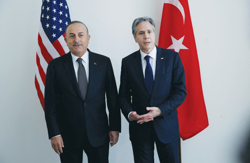  US SECRETARY of State Antony Blinken meets with Turkish Foreign Minister Mevlut Cavusoglu at the UN, in May.  (photo credit: EDUARDO MUNOZ / REUTERS)