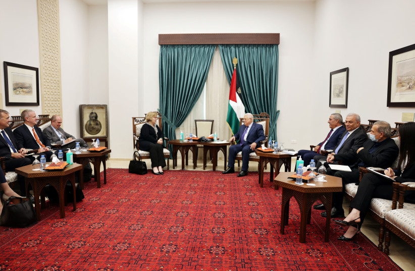  Palestinian President Abbas meets with the U.S. Assistant Secretary of State Leaf in Ramallah, June 11, 2022 (credit: PALESTINIAN PRESIDENT OFFICE (PPO)/HANDOUT VIA REUTERS)