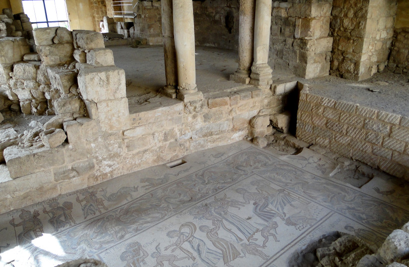Interior of Hippolytus Hall with the Hippolytus mosaic on the floor. Located in the Archaeological Park of Madaba, Jordan. (credit: BERNARD GAGNON/CC BY-SA 3.0 (https://creativecommons.org/licenses/by-sa/3.0)/VIA WIKIMEDIA COMMONS)