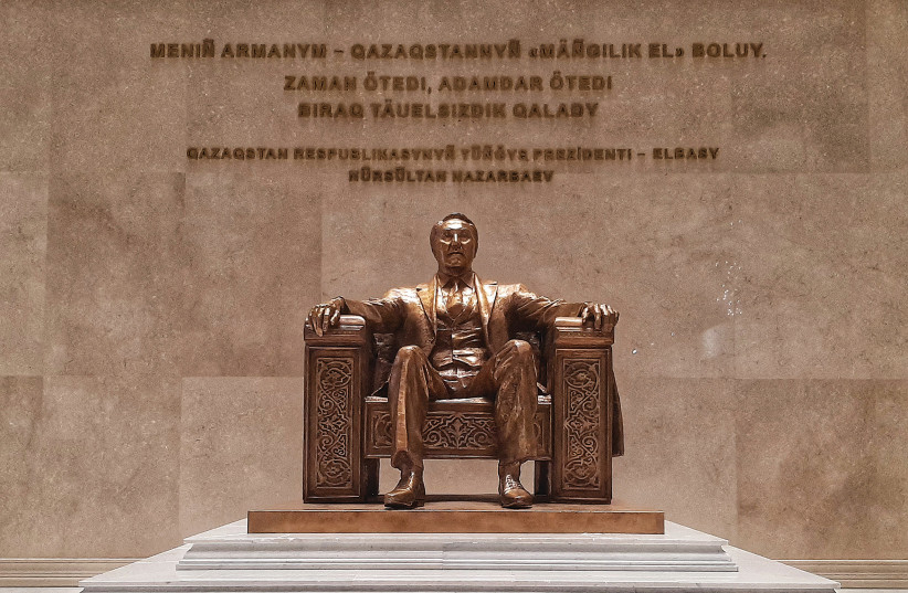  KAZAKHSTAN’S FIRST PRESIDENT Nursultan Nazarbayev resigned in 2019 after 29 years in power, but a bronze statue at the entrance to the National Museum is a reminder of his impact.  (credit: ARI BAR-OZ)
